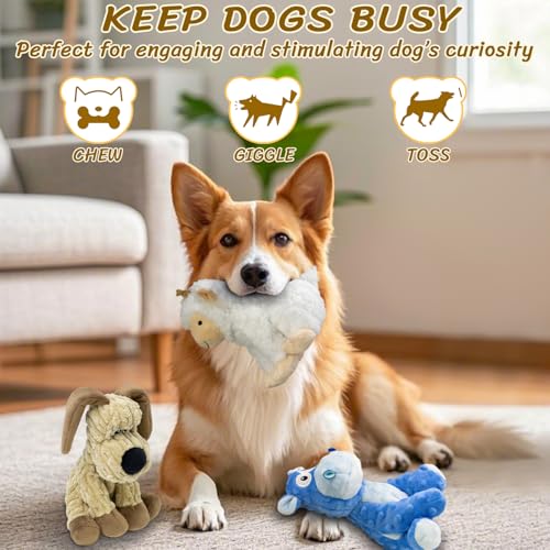 Squeaky Stuffed 3PCS Dog Toys, Chew for Large Medium Small Breeds - color: Blue&Khaki&White