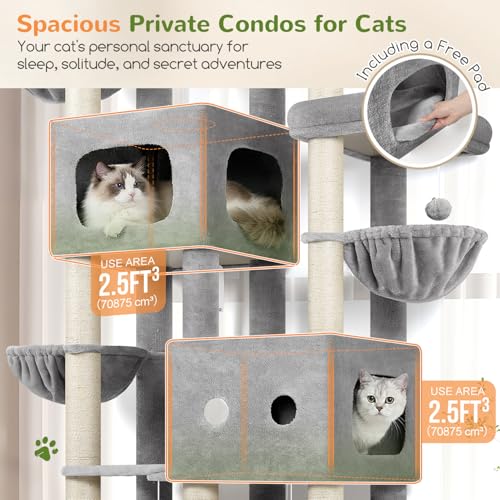Globlazer 81in Multi-Level Larger Cat Tree Tower Condo Indoor Furniture Activity Center with Oversized Plush Cat Bed/Baskets/Full-Sisal Scratching Posts and Hammock/S81/Light Gray - color: Light Gray, size: 81 Inch