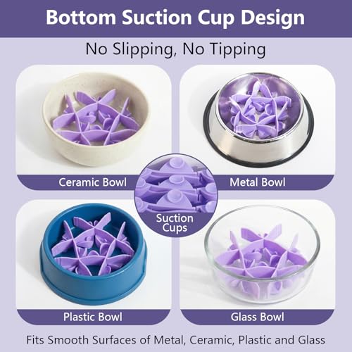 Silicone Dog Slow Feeder Bowl Insert with Suction Cups, Cuttable Food-Grade Lick Mat Divider Fits Stainless Steel Ceramic Glass Dog Bowls, Helps Slow Down Eating, Purple - color: Purple
