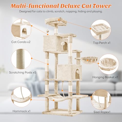 DUMOS Large 66 Inch Cat Tree Tower with Scratching Posts, Indoor Use - color: Beige, size: 66 Inch