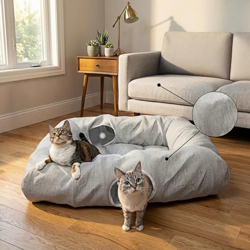 XxingSheep 4 Cave Premium Hemp Fabric XL Cat Tunnel Bed for Indoor Cats Cat Toys Cave Donut with Soft Mat - size: XL