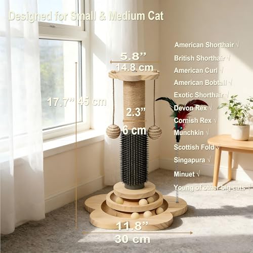 Wooden Cat Scratching Post, 4 in 1 Cat Scratcher Kitten Toys - color: 17.7" Post with Brush