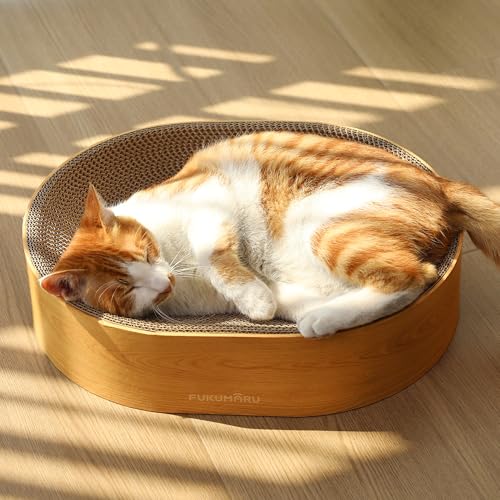 FUKUMARU Cardboard Cat Scratcher Bed, 2-in-1 Oval Cat Scratch Pad - color: Wood