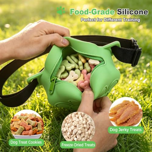 Dog Treat Pouch with Training Clicker and 2 Poop Bags, 1.8 Cup Small Sealable Zipper Silicone Fanny Pack with Waist Belt, Pet Puppy Training & Walking Essentials (Green) - color: Green
