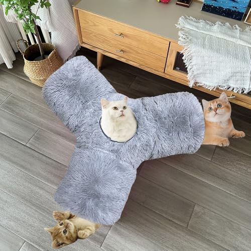 3-Way Collapsible Cat Tunnel Tube Toy Grey Plush - color: Grey Plush