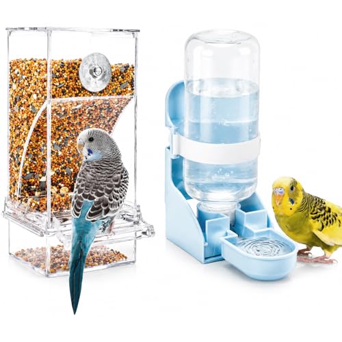 Rypet No-Mess Bird Feeder and Water Dispenser Set for Small Birds - color: White Feeder + Blue Drinking Bottle