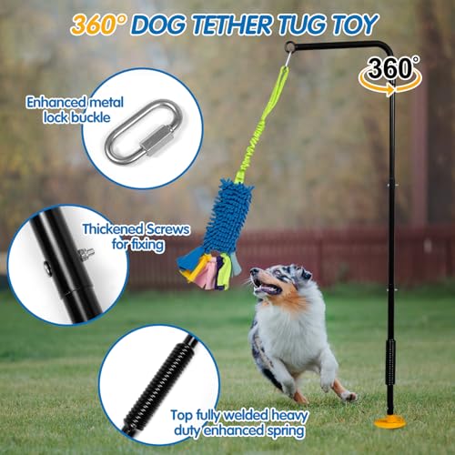 Heavy Duty Dog Spring Pole with Screw-In Ground Anchor & 360° Swivel, Adjustable Height 30-49", Durable Outdoor Tug Toy System with Bungee Squeak Rope for Large & High Energy Dogs Training