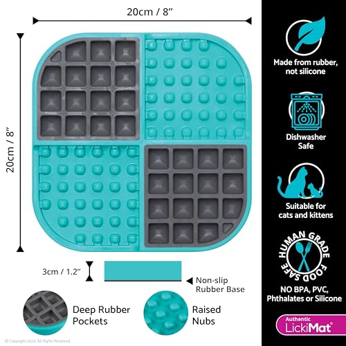 LickiMat Slomo, Cat Slow Feeder Lick Mat, Boredom Anxiety Reducer; Perfect for Food, Treats, Yogurt, or Peanut Butter. Fun Alternative to a Slow Feed Cat Bowl or Dish, Turquoise - color: Turquoise