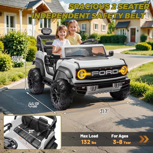 24V 2 Seater Ride On Toys for Kids, Licensed Ford Bronco Raptor Electric Ride On Car w/Remote Control, Safety Belt, LED Lights, Spring Suspension, Bluetooth Music, 3 Speed, White - color: White