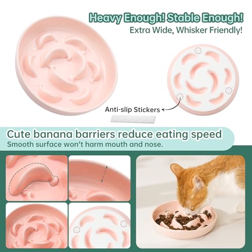 Ceramic Slow Feeder Cat Bowl, 6.3'' Wide Whisker Friendly Cat Puzzle Feeder - color: Bowl-Pastel Pink, size: 1.2"H Standard