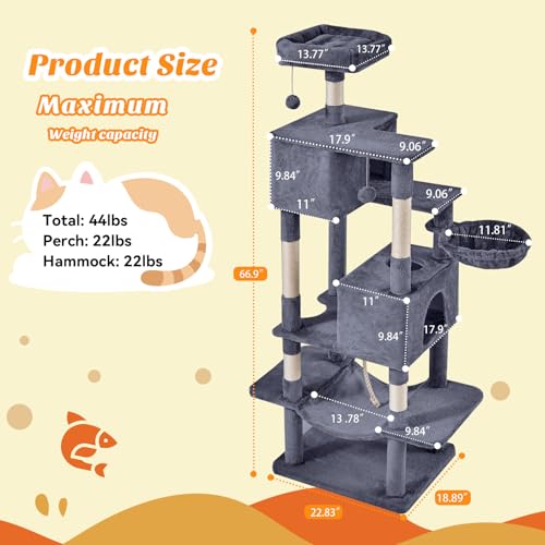 DUMOS 66 Inch Large Cat Tree Tower with Scratching Posts, Indoor Use - color: Dark Grey, size: 66.9Inch