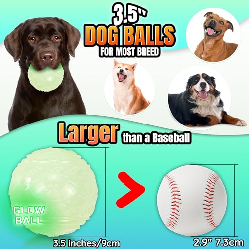 LECHONG 4-Pack 3.5” Glow Squeaky Dog Balls,Bouncy Glow in The Dark Dog Ball with Squeaker, Durable Dog Rubber Ball Toys Glowing Fetch Balls for Medium Large Dogs Nighttime Playing Indoors & Outdoors - size: 3.5in Large Regular