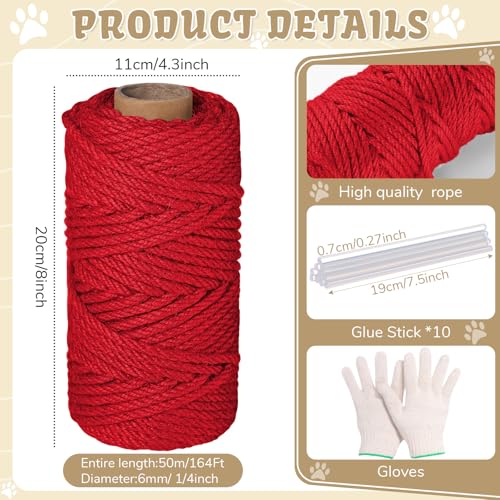 Natural Sisal Cat Rope for Posts, 1/4in ×164ft, Red - color: Red, size: 1/4in ×164ft
