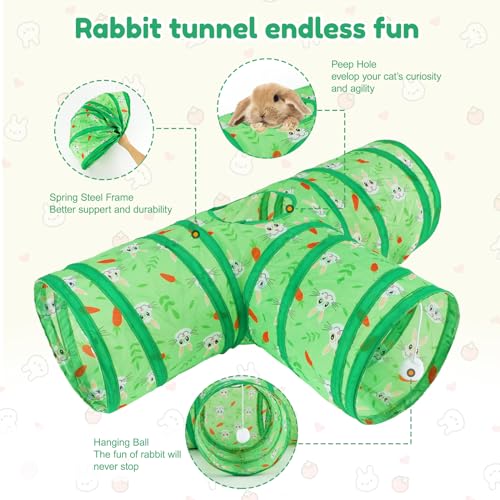BWOGUE Bunny Tunnels & Tubes, 3-Way Collapsible Rabbit Hideout for Bunnies - color: Green