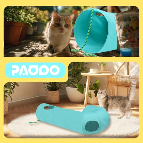 Cat Tunnel, 2-Way Collapsible Cat Tube with Interactive Peek-A-Boo Hole, Toy Ball, and Rope – Ideal for Indoor Cats, Kittens, and Rabbits (Light Blue) - color: light blue