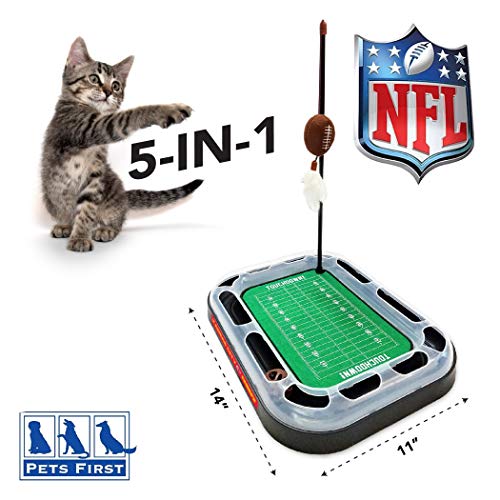 Pets First Cat Plush Toy KANSAS CITY CHIEFS FOOTBALL FIELD CAT SCRATCHER TOY with CATNIP Filled Plush FOOTBALL Toy & Feather Cat Toy hanging, Jingle Bell INTERACTIVE BALL Cat Chasing 5-in-1 KITTY Toy - color: Kansas City Chiefs, size: One Size