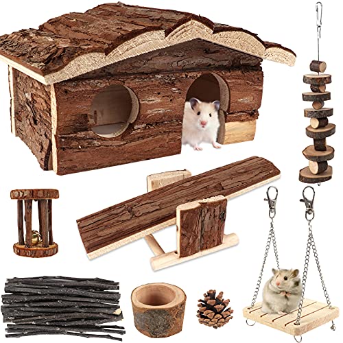 17 Pack Hamster Chew Toys, Wooden Cage Accessories with House & Food Bowl