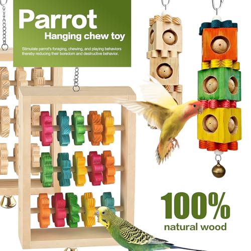 2Pcs Bird Toys, Wooden Swing Chewing Puzzle Climbing Hanging Block Toy