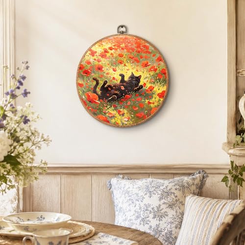 NQDWX Black Cat Wall Art, Poppy Flowers Black Cat Painting Framed Wall Art, Hanging Canvas Prints Farmhouse Bedroom Bathroom Living Room Decor, Cat Lover Gift 10x10 Inch (016) - color: Cat E