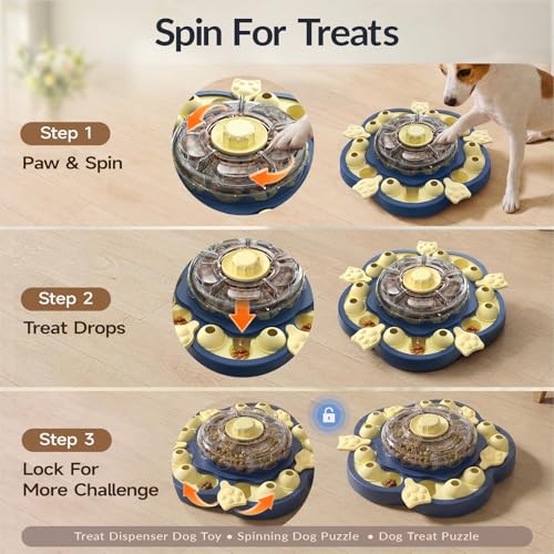 KADTC 3-Level Dog Puzzle Toy, Spin to Release Treat Dispenser & Slow Feeder - color: Sunflower Blue