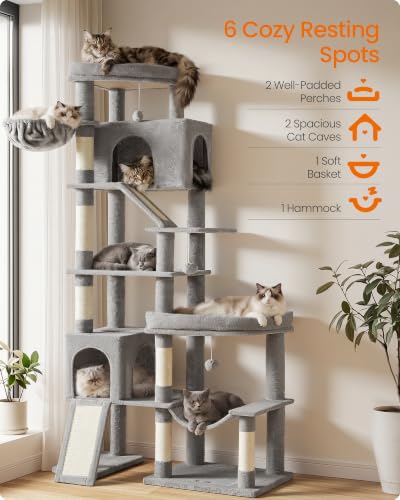 Feandrea Large Cat Tree, 79.5" Tall Sturdy Cat Tower for Indoor, Dove Gray - color: Dove Gray, size: 41.3"L x 17.7"W x 79.5"H