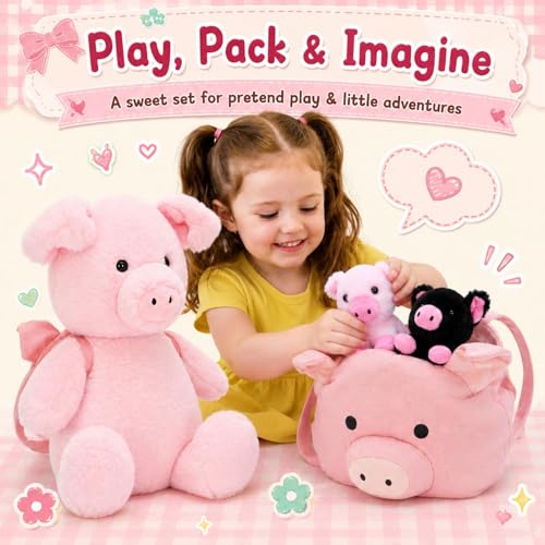 Pig Stuffed Animal with 2 Babies and Backpack, 21 Inch Pink Plush - style: Pig Backpack