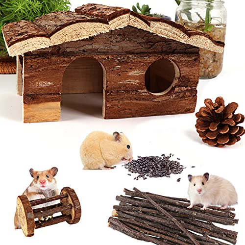 17 Pack Hamster Chew Toys, Wooden Cage Accessories with House & Food Bowl