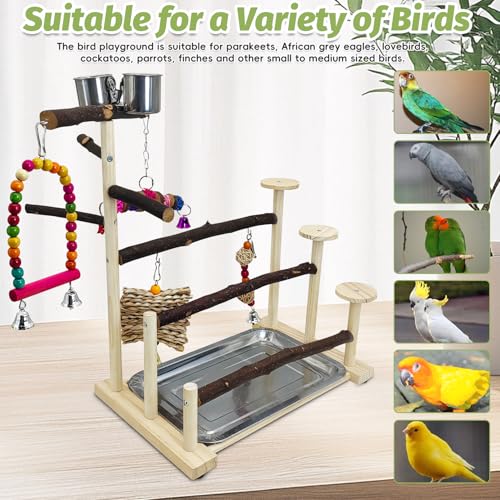 PINVNBY Wood Parrot Perch Stand Bird Playground Portable Exercise Bird Gym - size: Three Floors With Chew Toys