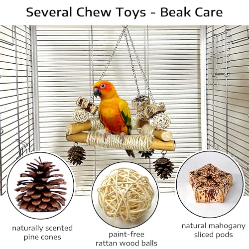Bird Swing for Cage with Chew Toys, 3 Stable Sisal-Wrapped Perches(L) - size: L