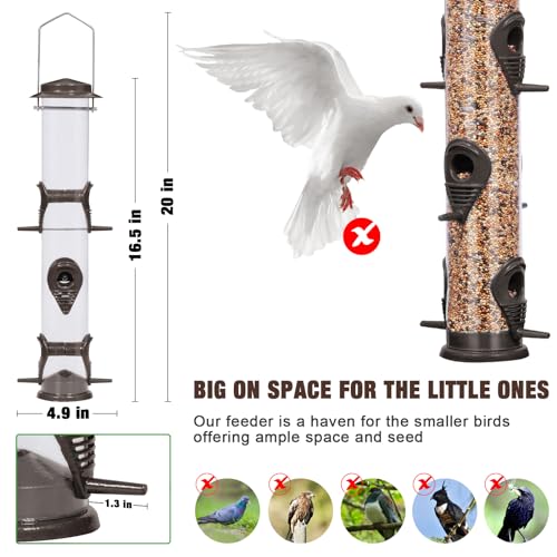 ERYTLLY Metal Bird Feeders - Tube Feeder for Wild Birds, 1.4mm Thick Transparent Tube, Squirrel Proof Hanger - color: Coffee-Metal 6 Feeding Ports