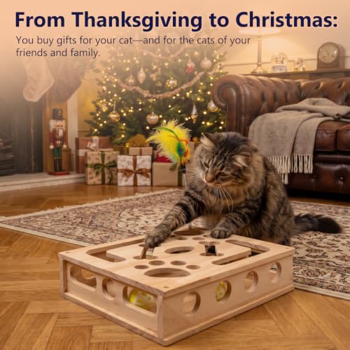 Wooden Cat Scratch Puzzle Enrichment Box,Interactive Cat Slow Feeder Maze Puzzle Toy,Durable Mental Stimulation Enrichment Toy.Relieve Boredom & Reduce Destructive Behaviors - style: Regular 9.8×11.8 IN