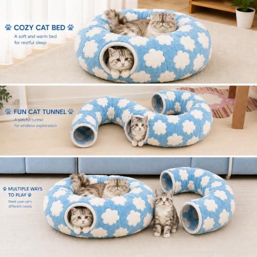 Cat Tunnel Bed with Washable Cushion for Indoor Cat, Donut Cave Tube Toys for Kitten Puppy Rabbit, Blue - color: Blue