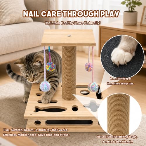 Cat Nail File Box, Solid Wood Cat Scratcher with Sandpaper & Enrichment Toy