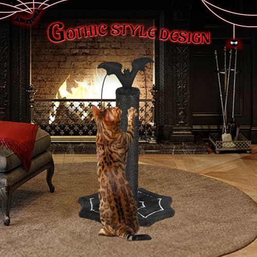VINGLI Halloween Cat Scratching Post, Gothic Premium Sisal Scratch Posts with Hanging Bat Decor, Webs Shaped Base, Black