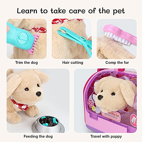 Pet Care Play Set Electric Vet Play Set-Walking ,Barking,Tail Wagging Little Plush Dog Grooming Toys with Puppy Carrier Feeding Dog Educational Toys for Toddler Kids