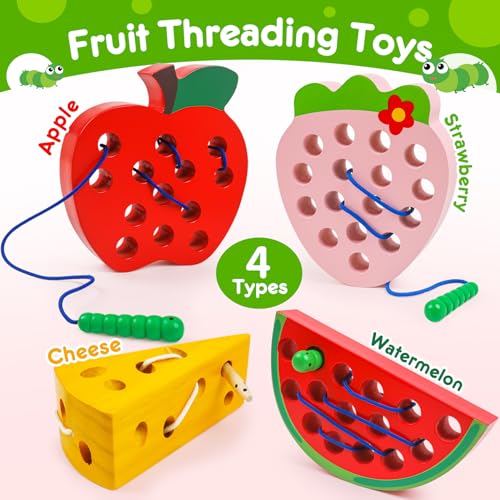Wooden Toys Lacing Toys for Kids 3-5,Plane Activities Car Travel Toy Montessori Educational Learning Threading Toys for Fine Motor Easter Basket Stuffers Gift for Boys Girls(4 pcs) - style: Lacing toys-4 pack set
