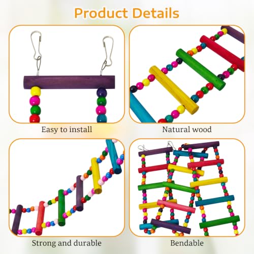 BNOSDM Bird Ladder Bridge Colorful Wooden Parakeet Toys Swing (45.3in) - size: 45in-20Steps-Colorful