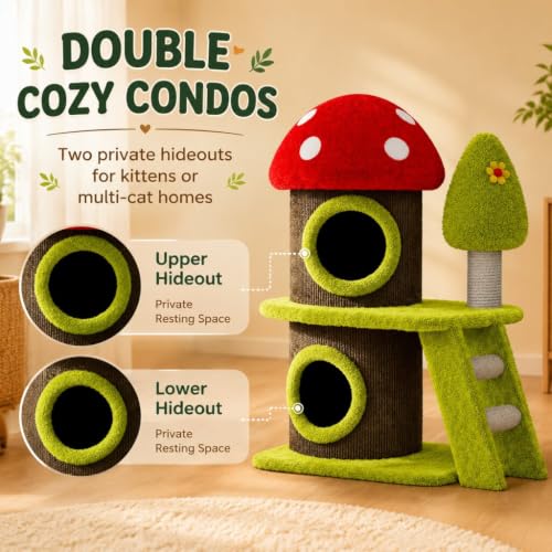 30.7 Inch Cute Mushroom Cat Tree Tower, Multi-Level Cat House with Sisal Scratching Post, Green Brown Cartoon Indoor Cat Furniture for Kittens & Multi-Cat Families - color: Style A