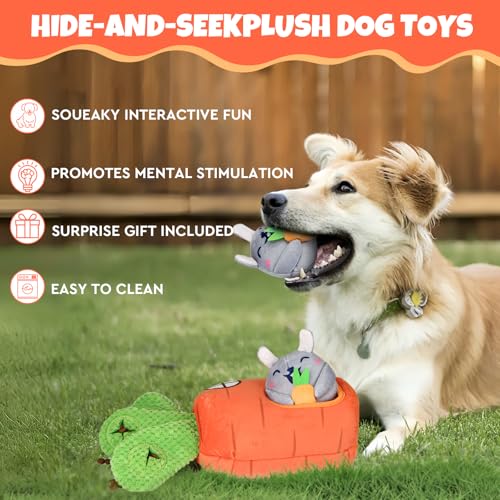 Interactive Hide and Seek Squeaky Dog Plush Toy for Small Dogs, Carrot and Bunny Set, 4 Pack Set