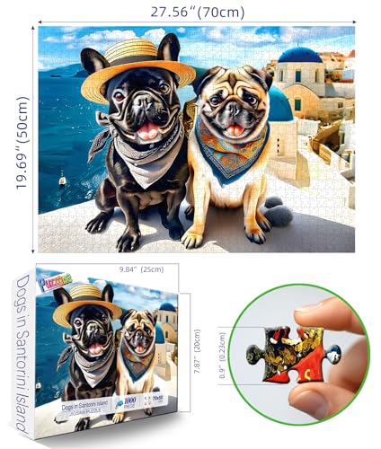 1000 Piece Jigsaw Puzzle for Adults Cute Fun Dog Vacation in Santorini Greece Scene Beautiful Landscape Puzzle Fun Bulldog Puzzle Games for Adults Night (70x50cm) - color: Fun Dog