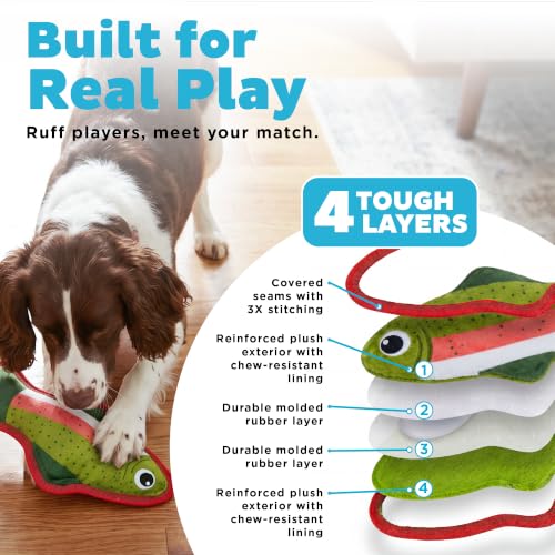 Outward Hound Tough Skinz Dog Toy with Jumbo Squeaker, Trout, 9.5" - color: Green Trout, size: Medium