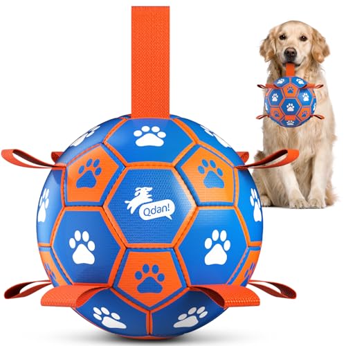 QDAN Dog Ropes Toys, Soccer Ball with Straps, Tug Toy, Dog Birthday Gift - color: Blue Orange, size: Large Size 3 (8 Inch)