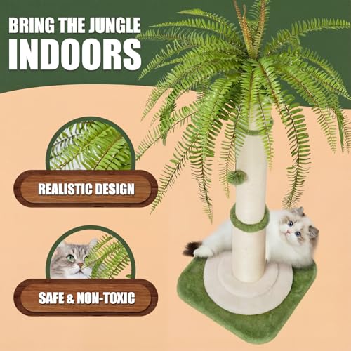 42" Tall Palm Tree Cat Scratching Post - Heavy Duty Coconut Cat Scratcher for Large Cats, Cute Green Sisal Rope Vertical Scratching Pole with Dangling Ball, Stable & Decorative Furniture (106cm)