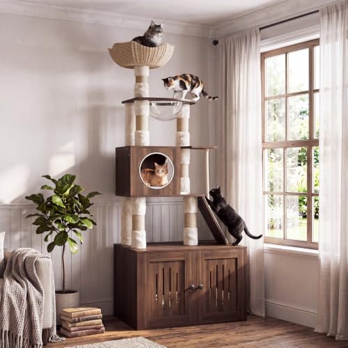 Garvee 66.9" Cat Tree with Litter Box Enclosure, Multi-Level Cat Condo - color: Walnut