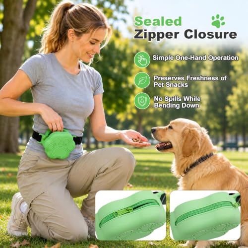 Dog Treat Pouch with Training Clicker and 2 Poop Bags, 1.8 Cup Small Sealable Zipper Silicone Fanny Pack with Waist Belt, Pet Puppy Training & Walking Essentials (Green) - color: Green