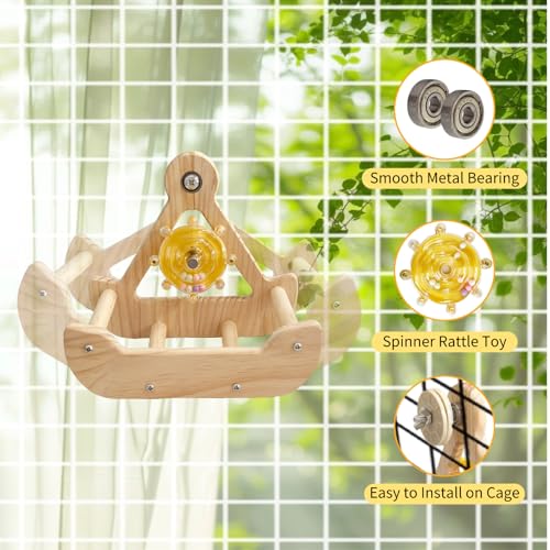 Bird Perch Toys, Wooden Bird Swing with Spinner Rattle, Cage Accessories for Budgies, Cockatiels, Lovebirds, Quaker, Parakeet, Small to Medium Birds