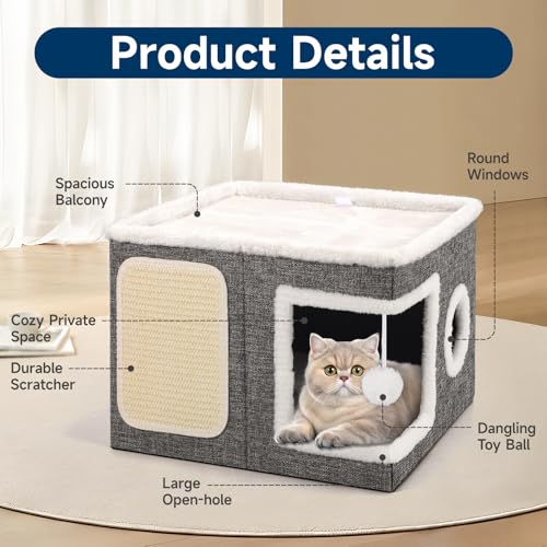 Shikha Cat House Bed for Indoor Cats with Fluffy Ball and Scratch Pad Grey - color: Grey, size: Large
