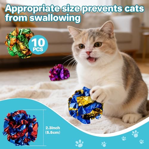 RAINFLOW 10 Pcs Multicolor Crinkle Balls for Cats - Mylar Cat Toy Balls