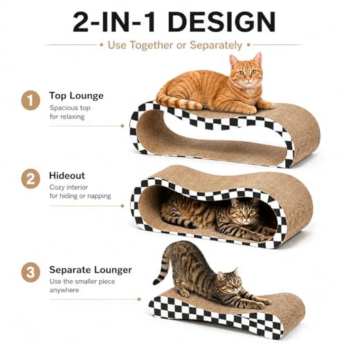 2 in 1 Large Cardboard Cat Scratcher Lounger, Cat Scratching Board for Indoor Cats, 100% Recyclable & Reversible Horizontal Scratching Pads Prevents Furniture Damage, Checkerboard - color: 2 IN 1 Large Checkerboard