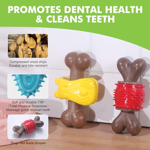 Durable Dog Chew Toys for Large Dogs - Tough Bone-Shaped Dental Chew with TPR Rubber & Wood Fiber, Teething & Aggressive Chewer Toys for Medium/Large Breed, Long-Lasting Teeth Cleaning (4 Pack Set) - color: 4 Styles Set
